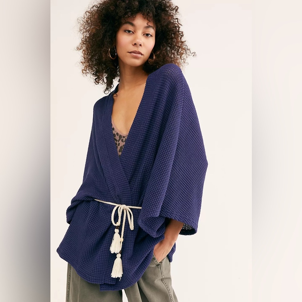 Free People Blue Waffle Knit Kimono Duster Topper - Picture 2 of 10